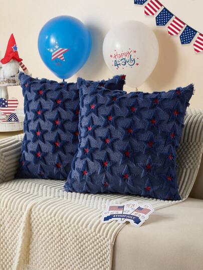 1/2 Piece July 4th Patriotic Theme Pillowcase 18x18 Inches, Independence Day Home Decor, Red Embroidered Star Decoration, Soft Plush Fur Jacquard Pillow, Independence Day Home Farmhouse Sofa Decor