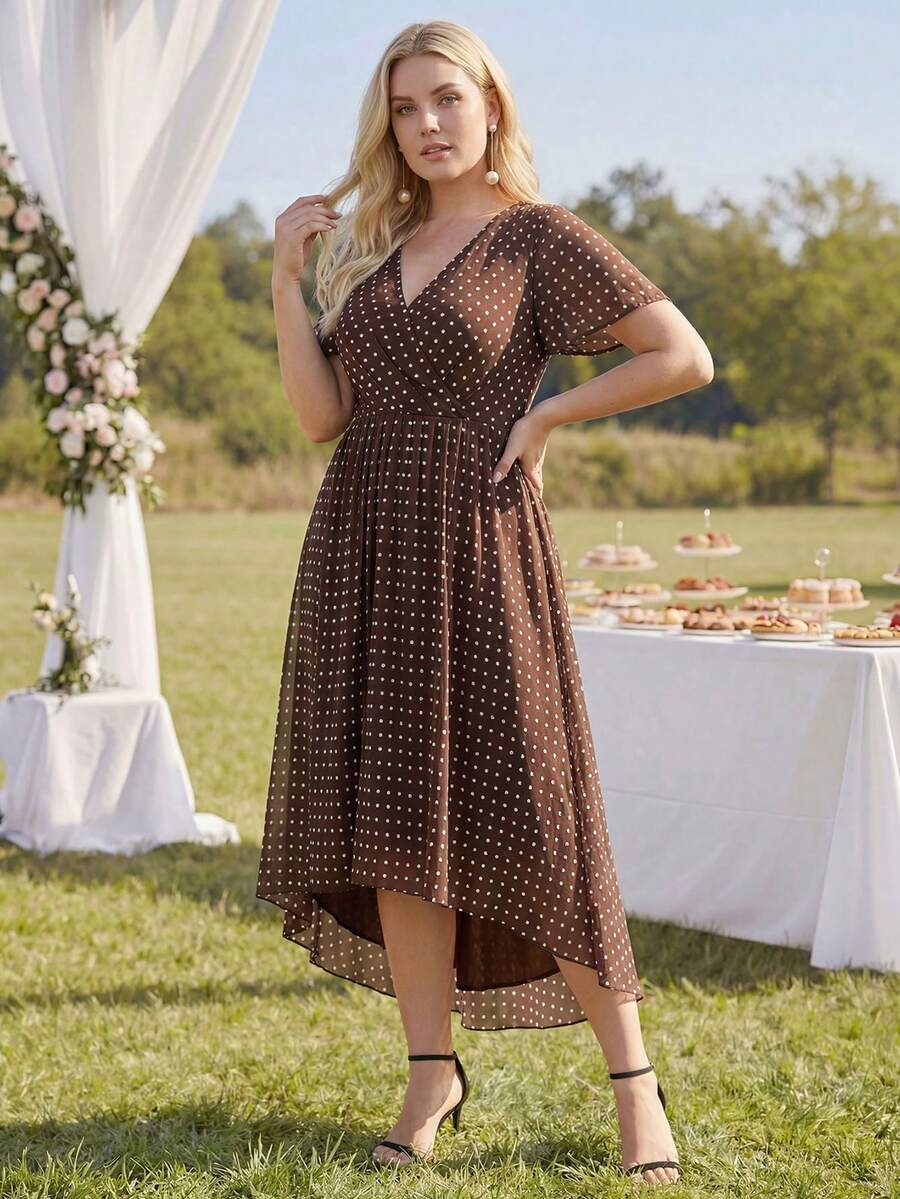 EVERPRETTY Vintage Chiffon Ruffle Asymmetric/Asymmetrical Bridesmaid Dress, Suitable For Wedding, Party, Graduation, Anniversary, Birthday, Cocktail, Date, Holiday, Formal Dinner, Wedding Guest, Homecoming, Travel, All Seasons - Brown - View 1