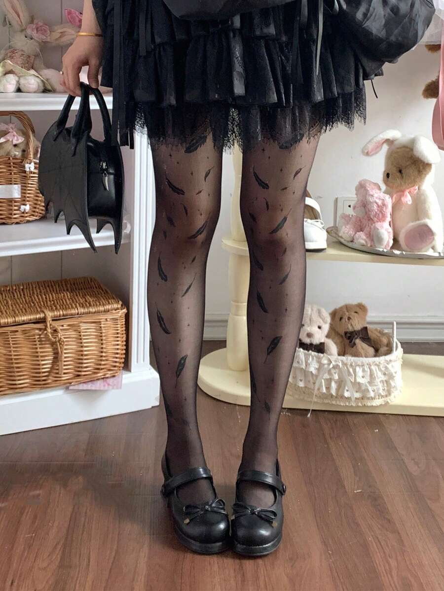 1 đôi quần tất nữ siêu mỏng in hình lông vũ, kiểu dáng thời trang Lolita đường phố Y2K, dành cho nữ. - màu đen - Xem 1