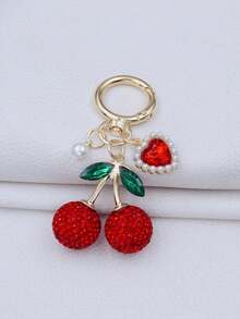1pc Elegant Cherry Keychain With Rhinestone & Green Gemstone Accents – Golden-Tone Chain Bag Charm | Sparkling Cherry Pendant, Fashion Key Ring, Cute Fruit Keychain, Shiny Bag Decoration, Detailed Craftsmanship | Perfect Accessory For Women & Girls, Ideal For Handbags, Backpacks, Wallets, Car Keys | Great Gift For Valentine's Day, Mother's Day, Birthday, Party, Wedding, Graduation, Christmas & Everyday Use - Multicolor - View 7