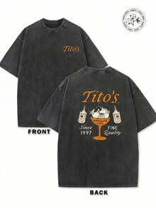 American Retro Washed Old Ash Tito's Handmade Vodka Theme Printed With 100% Organic Cotton Loose Short Sleeve T-Shirt. - 黑色 - 查看 1