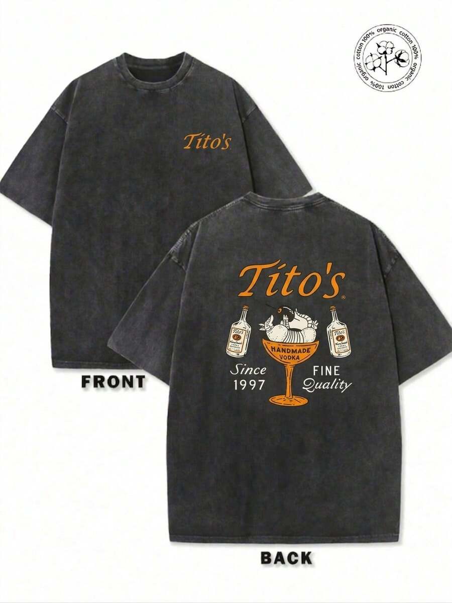 American Retro Washed Old Ash Tito's Handmade Vodka Theme Printed With 100% Organic Cotton Loose Short Sleeve T-Shirt. - 黑色 - 查看 1