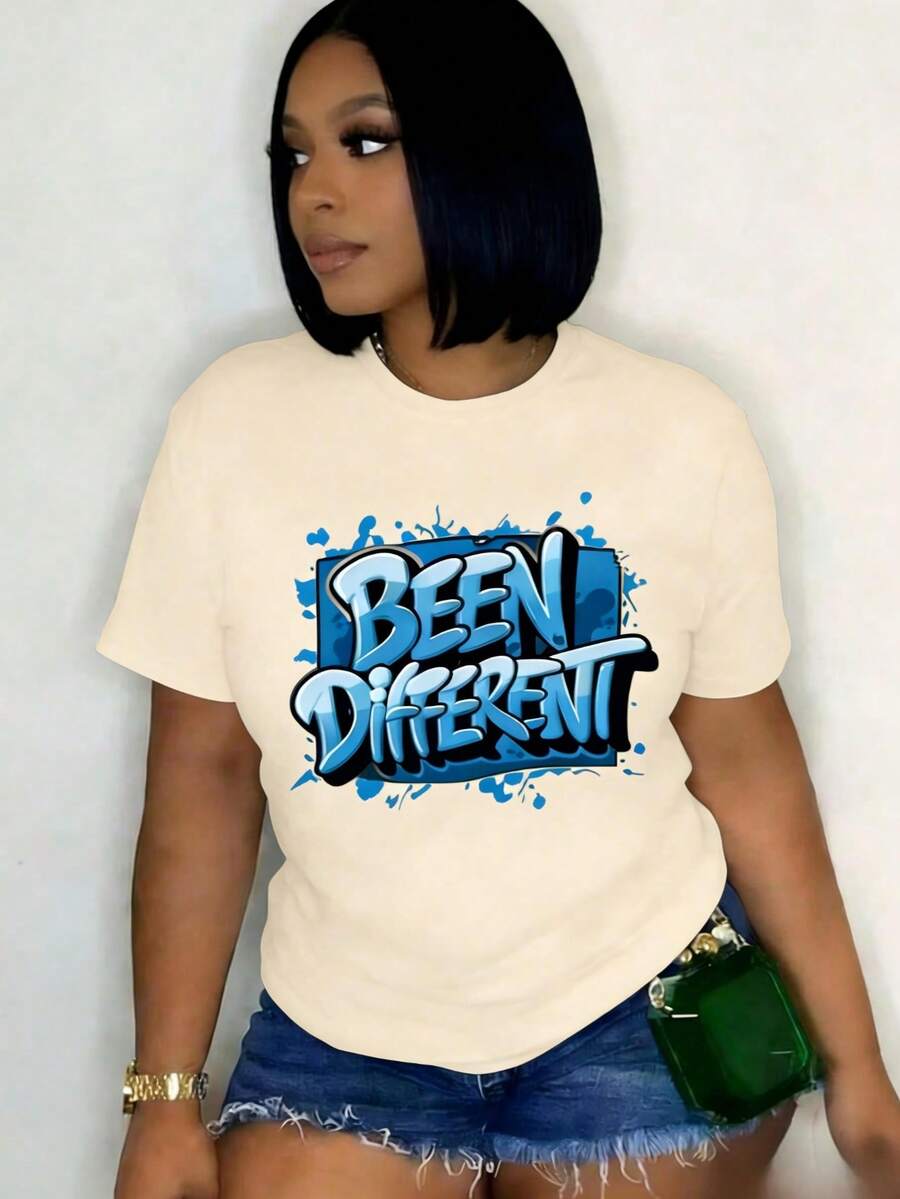 Women's Oversized Graphic Short-Sleeve Tee Blue Graffiti Inspired Design 'S Comfit FashionablewomenclothingRetro Y2K LoversCampusCommuteMusicFestivals - 杏色 - 查看 1