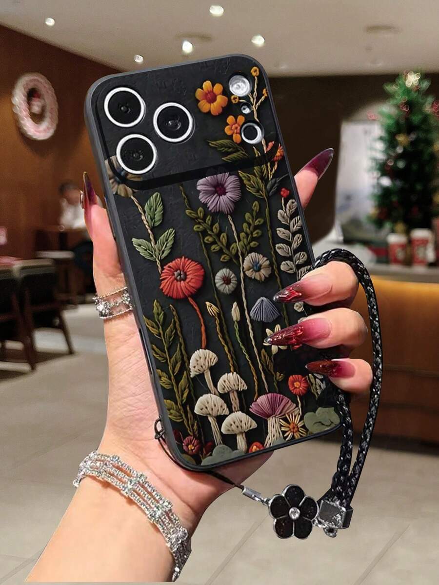 花朵图案时尚印花打孔边框彩色彩绘加厚防摔手机壳,配有装饰编织腕带,兼容 16/11/16 Pro/16 Plus/16 Pro Max/16 e/15 Pro Max/13/14/12/XS/XR/7G/8P、Galaxy S25/S25 Plus/S25 Ultra/A16/A36/A26/A56/A50/A12/A32/A52/A72/A51/A21 S/A13/A14/S24/S24 Plus/S24 Ultra、S22/A52/A53/A54/A55、11/12 Pro/12/12 X/13 Pro/14 Pro/15 Pro、10/9/Note9/12c/Note11 Pro/Note8 Pro - 彩色 - 查看 1
