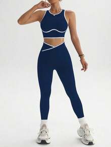 Dewbera Women's Hem Cropped Tank Top And Asymmetric Waist Leggings Sports Suit Gym Set Fitness Outfit Gym Leggings Set Women Ribbed Workout Set - Màu xanh hải quân - Xem 6