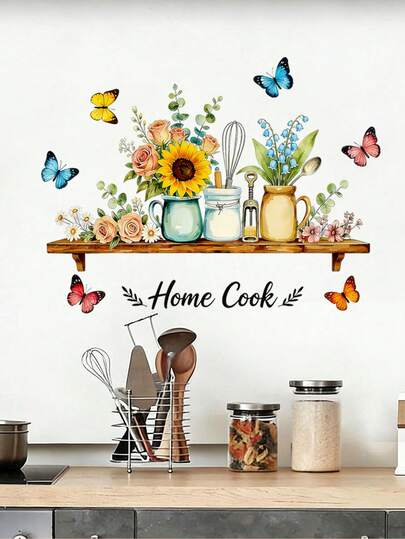 1 pieza Vinilo decorativo de utensilios de cocina, material removible, tema de cocina con decoración floral de mujeres pioneras, incluye flores y herramientas de cocina, adecuado para decoración de pared de restaurante, sala de panadería