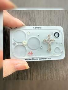 Ốp bảo vệ ống kính camera hình chữ thập 3D phong cách Ins - Ốp bảo vệ ống kính điện thoại hình chữ thập pha lê lấp lánh, quà tặng bảo vệ camera dễ thương kiểu Kawaii. - trắng - Xem 4