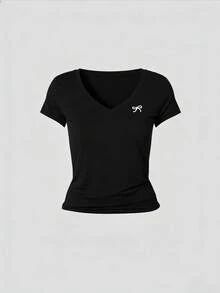 3pcs/Set Summer New Minimalist Bow Print V-Neck Short Sleeve T-Shirt, Casual Daily Fashion Versatile Tops For Women - Yellow and Black and Burgundy - View 5