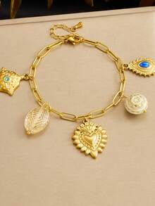 1set Fashion Gold Plated Retro Geometric Carving Pendant Water Drop Heart Shaped Stainless Steel Vintage Accessories Pendant Chain Jewelry Set - Love - View 3
