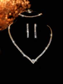 5pcs Luxury Zirconia Geometric Necklace, Earrings, Bracelet, Ring Jewelry Set, Suitable For Daily Commute And Bridal Party Wear, Elegant And Glamorous High-End Accessories - Gold - View 4