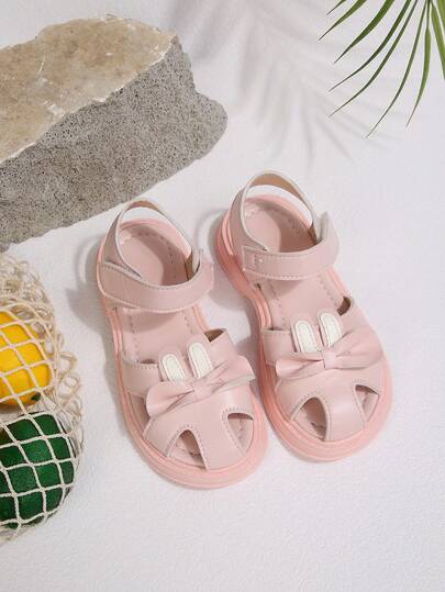 2026 New Girls' Sandals, Summer Soft Bottom Closed Toe Children Shoes, Cute Cartoon Rabbit Bow Princess Shoes, Toddler Hook And Loop Soft Bottom White Versatile Little Girl Summer Prewalker Breathable Soft Bottom Shoes