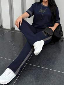 女士春秋季圆领短袖T恤和松紧腰宽松长裤两件套，休闲日常夏季穿着 - 寶藍色66 - 查看 8