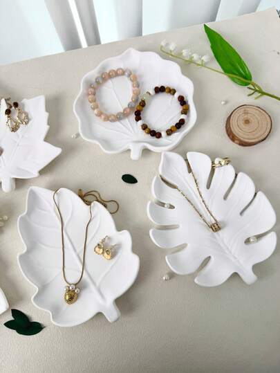 Minimalist Leaf-Shaped White Jewelry Display Trays Set - Maple & Monstera Leaf Trays | Vanity Organizer, Photo Prop & Desktop Decor