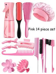 CHIGO Bộ dụng cụ tạo kiểu tóc 14 món, bao gồm bình xịt, bộ lược uốn, lược 9 răng, lược răng thưa, lược đuôi nhọn, lược hai mặt, lược massage, 1/3 kẹp tóc 8 ngạnh, kẹp tóc cá sấu, giúp tạo kiểu tóc dễ dàng và nhanh chóng hơn, phù hợp với tóc tự nhiên. Màu sắc: Hồng, Đen, Tím, thích hợp cho tóc ướt hoặc khô. - Nhiều màu - Xem 5