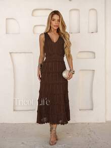 Women's Midi Dress, Knit, Summer, Crochet, Ruffles, Party, Beach, Elegant, Christmas, New Year's Eve, Premium - 咖啡棕色 - 查看 8