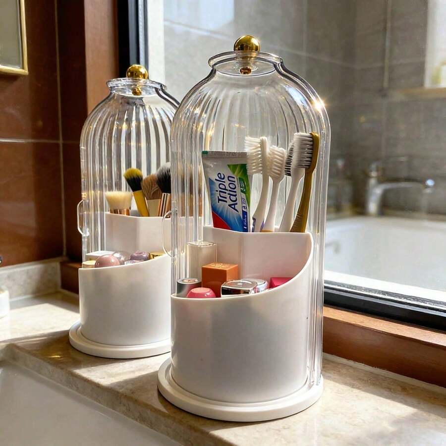 360° Rotating 3 Slots Toothbrush Holder With Sliding Lid, Dustproof Bathroom Countertop Organizer, Non-Slip Base Toothpaste & Makeup Brushes Storage Caddy, Space-Saving Vanity Counter Organizer For Bathroom Sink, Premium ABS Plastic Bathroom Organizer Caddy For Home, Dorm & Apartment, Multi-Use Countertop Storage Stand For Toothbrushes, Toothpaste Tubes, Cosmetic Brushes & Small Bathroom Accessories, Easy To Clean Sliding Lid Toothbrush Organizer, Stylish Bathroom Counter Storage Solution For Daily Use, Suitable For Family & Personal Use Bathroom Vanity Organizer - trắng - Xem 1