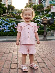 Toddler Baby Girl Summer Outfit Solid Puff Sleeve Doll Collar Button-Up Tops And Ruffled Shorts 2 Piece Set - Pink - View 2