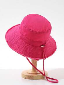 Korean Style Frayed Brim Bucket Hat, Summer Outdoor Hiking Sun Protection Hat - Rose Red 1 - View 3