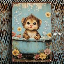 2D Flat, 1pc, Metal Sign, Cute Kitten Bathing Cartoon Illustration Tinplate Painting Decorative Wall Art For Bedroom, Durable Metal Plaque, Suitable For Bars, Bedrooms, Restaurants, Kitchens, And Home Decor - 8x12 Inches (20x30cm), 2D Flat - 白色 - 查看 4