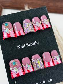 10pcs High-End Sweet And Cool Style, Hand-Painted Spot Patterns, Five-Pointed Star Diamonds, Dazzling Stacked Diamonds Handmade Fake Nails, Suitable For Sister Outings For Shopping, Taking Photos And Posting Them, As Well As Afternoon Tea. - Baby Pink - View 1