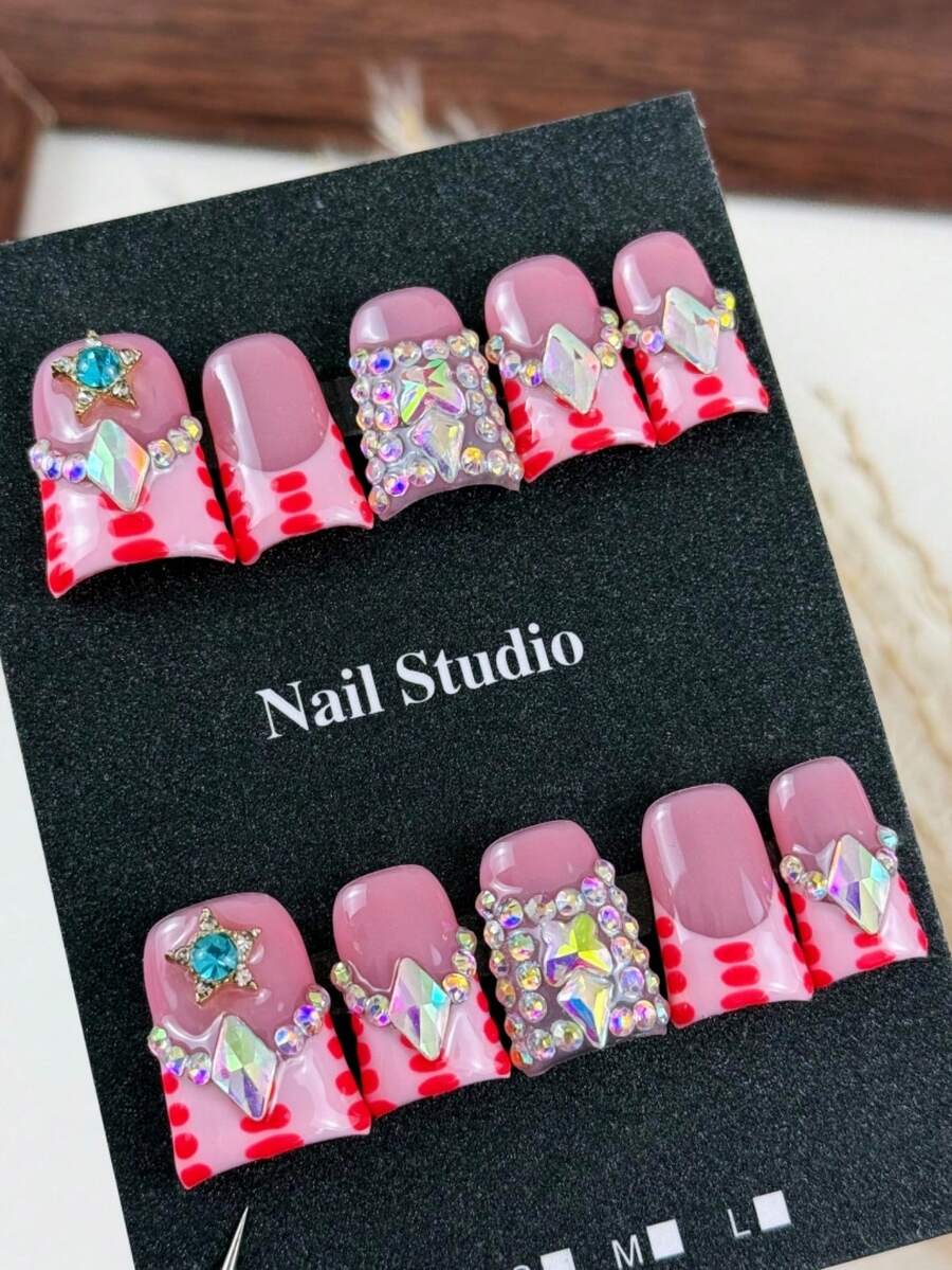 10pcs High-End Sweet And Cool Style, Hand-Painted Spot Patterns, Five-Pointed Star Diamonds, Dazzling Stacked Diamonds Handmade Fake Nails, Suitable For Sister Outings For Shopping, Taking Photos And Posting Them, As Well As Afternoon Tea. - Baby Pink - View 1