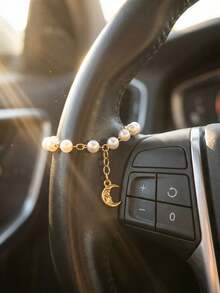 1pc Golden Pearl Moon Pendant Car Steering Wheel Decor Bracelet, Suitable For Women And Most Car Models - A - View 2