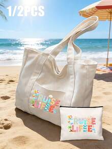 Handbag And Matching Makeup Bag, Beach Sunshine Pattern, Printed With "Sun, Whale, Coconut Tree" Pattern, Simple Shopping Bag, Beige Casual Style, Portable Toiletry Bag, Backpack, Large Capacity, Portable, Suitable For Teenagers, Girls, Women, College Students, White-Collar Workers, Perfect For Work, Back To School, Middle School, High School, University, Holidays, Teacher's Day Gift - Multicolor - View 12