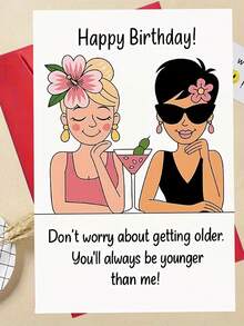 1 chiếc, Thiệp chúc mừng sinh nhật vui nhộn dành cho bạn thân "Nhỏ hơn mình". Bao gồm phong bì, giấy mỹ thuật cao cấp. Thiết kế hình ảnh các cô gái hoạt hình với hoa và kính thời trang. Hoàn hảo cho sinh nhật bạn gái - Chiếc thiệp nhẹ nhàng lý tưởng (12cm/4.7in X 17cm/6.7in) - Phong bì đỏ - Xem 5