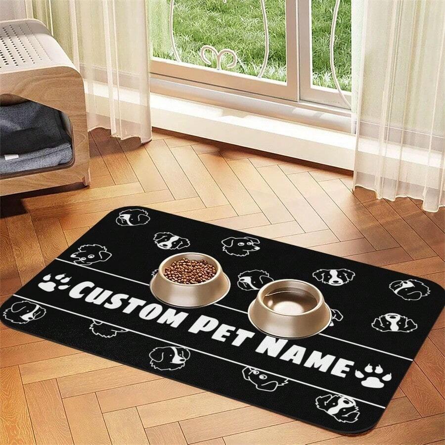 Personalized Custom Name Pet Feeding Mat, Waterproof Oil-Proof Anti-Slip Pad, Residue & Water Proof Floor Protection, Wear Resistant Durable Pet Bowl Mat For Dogs Cats, Home Pet Supplies - Black - View 1