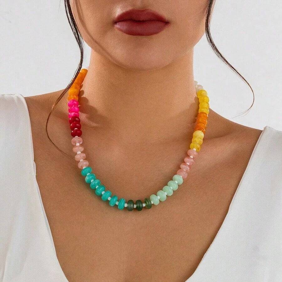 1pc Boho Chic Style Elegant & Sweet Colorful Acrylic Beaded Necklace, Women Holiday Birthday Date Night Party Travel Shopping Casual Daily Accessory - 豐富多彩的 - 查看 1