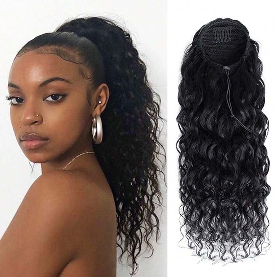 BINF Ekstensi Rambut Ekor Kuda Gelombang Air Hitam Alami 16 Inci, Rambut Manusia Perawan Brasil dengan Tali Serut untuk Wanita