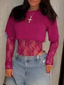 corta de mujer de encaje transparente de manga corta, body sexy de unicolor con parches de encaje transparente para uso diario, citas, fiestas de solteros, actuaciones en el escenario, elegante para primavera/verano en color negro - Rosa Fucsia - Ver 4