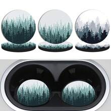 2pcs Fresh Pine Tree Forest Car Cup Holders, 2.8 Inch Round Decorative Car Cup Mats, Home And Auto Water Cup Coasters, Unisex Car Interior Accessories, Decorative Coasters, Suitable As Gifts For Family And Friends On Holidays And Birthdays - Car Coasters - View 1