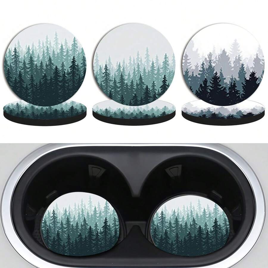 2pcs Fresh Pine Tree Forest Car Cup Holders, 2.8 Inch Round Decorative Car Cup Mats, Home And Auto Water Cup Coasters, Unisex Car Interior Accessories, Decorative Coasters, Suitable As Gifts For Family And Friends On Holidays And Birthdays - Car Coasters - View 1