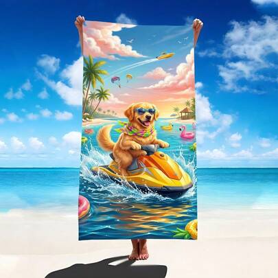 1pc Surfing Dog Beach Towel, Super Absorbent Oversized Beach Blanket, Suitable For Travel, Swimming Pool, Diving, Surfing, Yoga, Camping, Available In Multiple Sizes, Beach Accessories