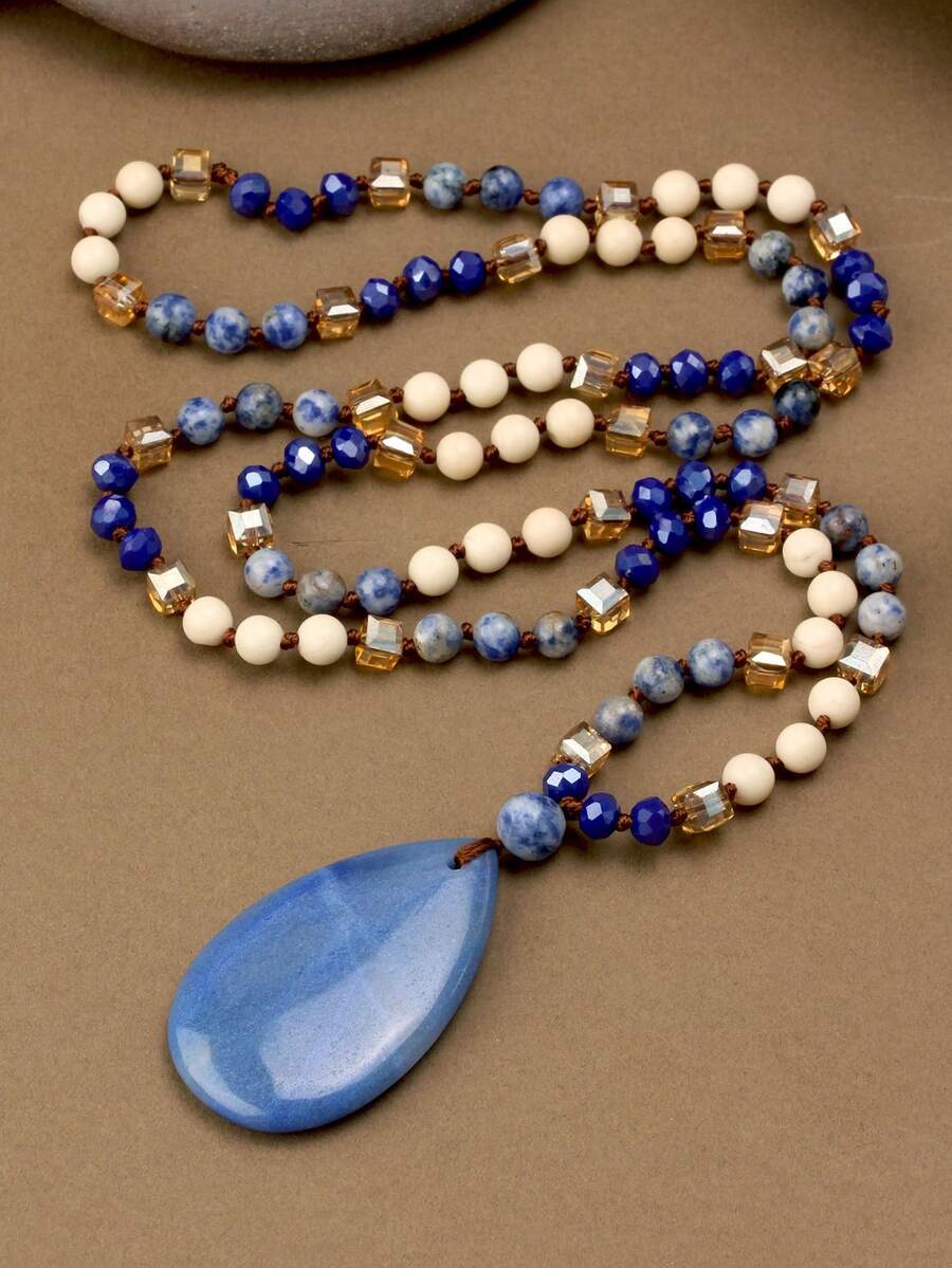 Yumfeel Collar largo con colgante de piedra natural Dongling azul en forma de lágrima, accesorio de estilo bohemio para viajes y vacaciones, cadena de suéter hecha a mano con cuentas anudadas, regalo para días festivos