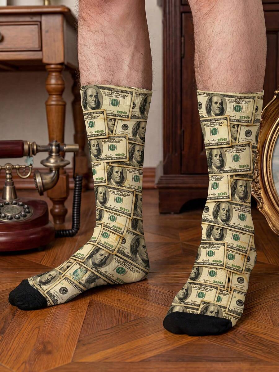1/3 双美元钞票（100 美元）中筒袜，男士中筒袜，新奇夏季套装 - 彩色 - 查看 1