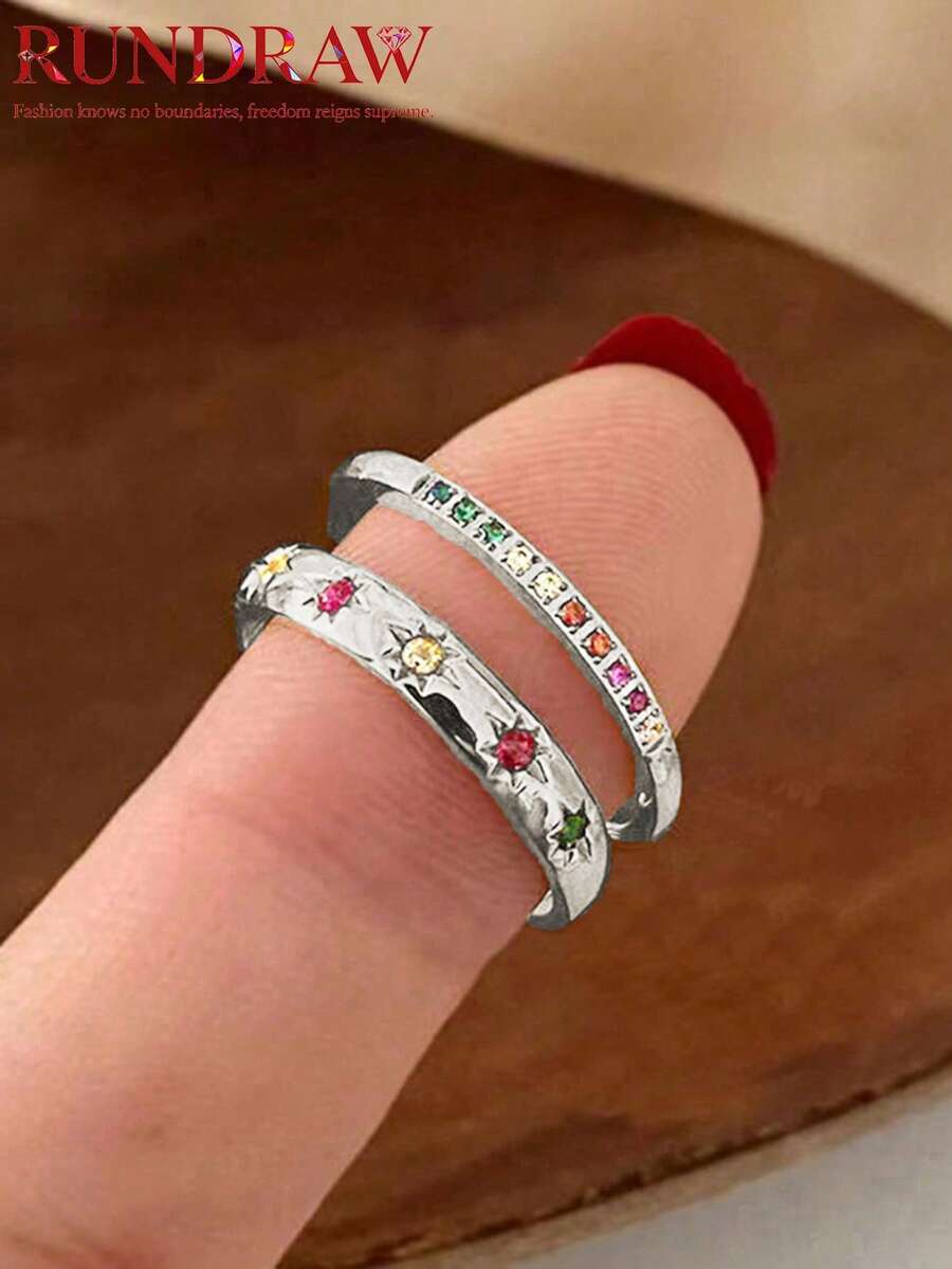 2pcs Minimalist Elegant Metal Plain Band Star & Moon Zirconia Open Ring Set, Couples Accessories For Daily Wear