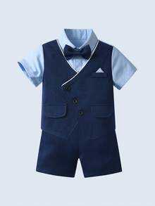 BOARNSEORL Bộ trang phục quý ông 2 món cho bé trai - Áo sơ mi tay ngắn có nơ và quần short màu xanh navy, thời trang và sành điệu cho tiệc sinh nhật, sinh nhật lần thứ 1, đám cưới, tiệc chiêu đãi - Màu xanh hải quân - Xem 6