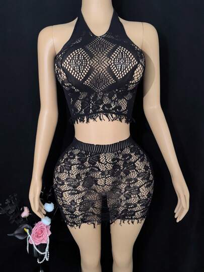 2pcs Women's Sexy Lingerie Set, Sparkling Rhinestone Decor Super Crop Top And Thong Panty, Versatile Sexy Intimate Apparel Set