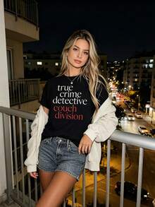 True Crime Detective Couch Division T Shirt Black Tee With Crime Show Lettering, Casual Short Sleeve Crew Neck Top, Machine Washable For All Season For - màu đen - Xem 5