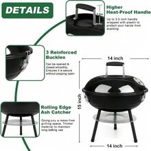 14 Inch Charcoal Grill, Joyfair Small Portable BBQ Grill With Locking Lid For Outdoor Camping/Patio/Backyard Barbecue/Tabletop Cooking, Enamel Coated & Dual Vent System (Black) - Default - View 3