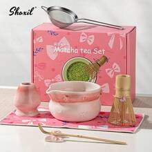 shoxil 7件組粉色蝴蝶結抹茶套組，釉面抹茶碗、日式抹茶碗與茶勺，傳統茶道套組，易清洗抹茶工具，適合節日禮物，室內外皆可用 - 抹茶碗套裝 - 查看 2