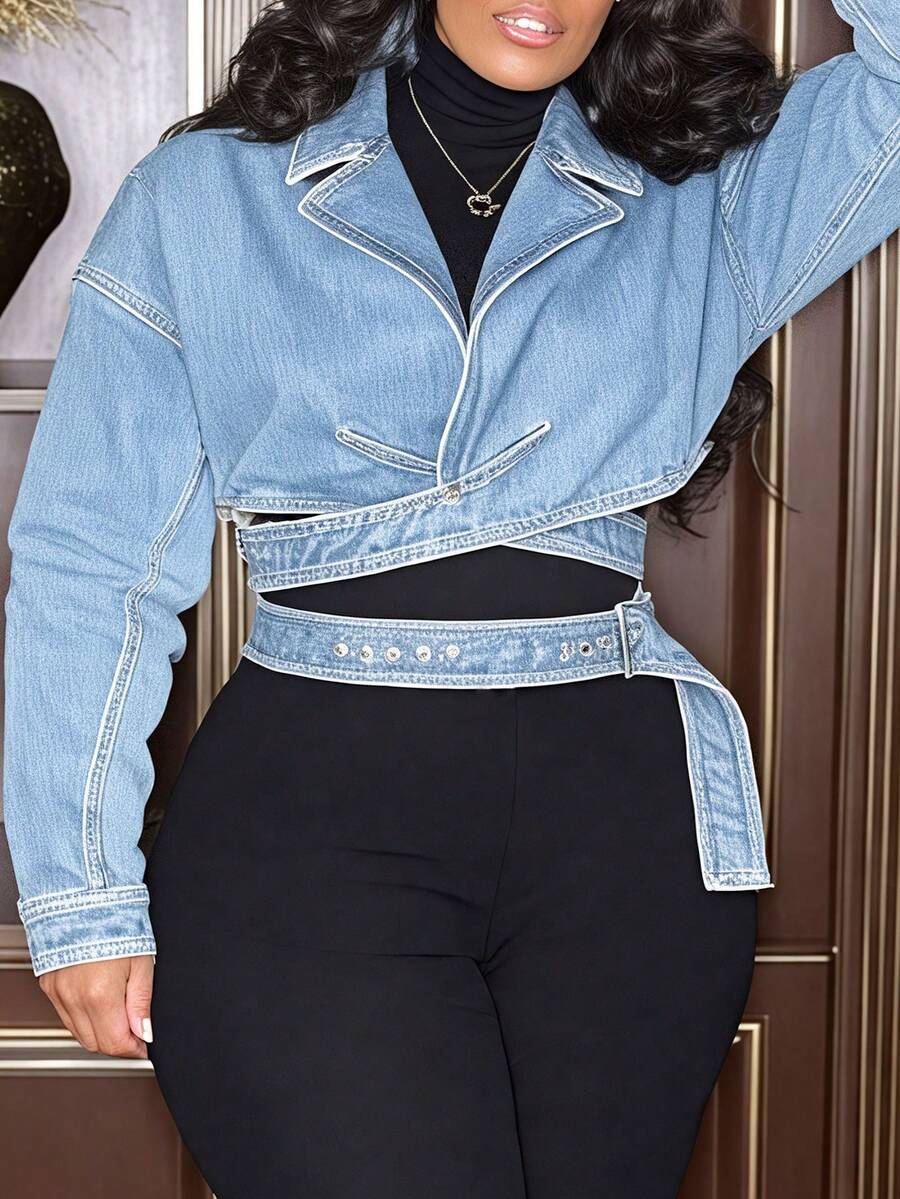 Women's Slim-Fit Cropped Denim Jacket With Cross-Over Placket, Cutout & Waist-Tie - Perfect For Dates, Daily Wear, Commute & Gatherings - Blue - View 1