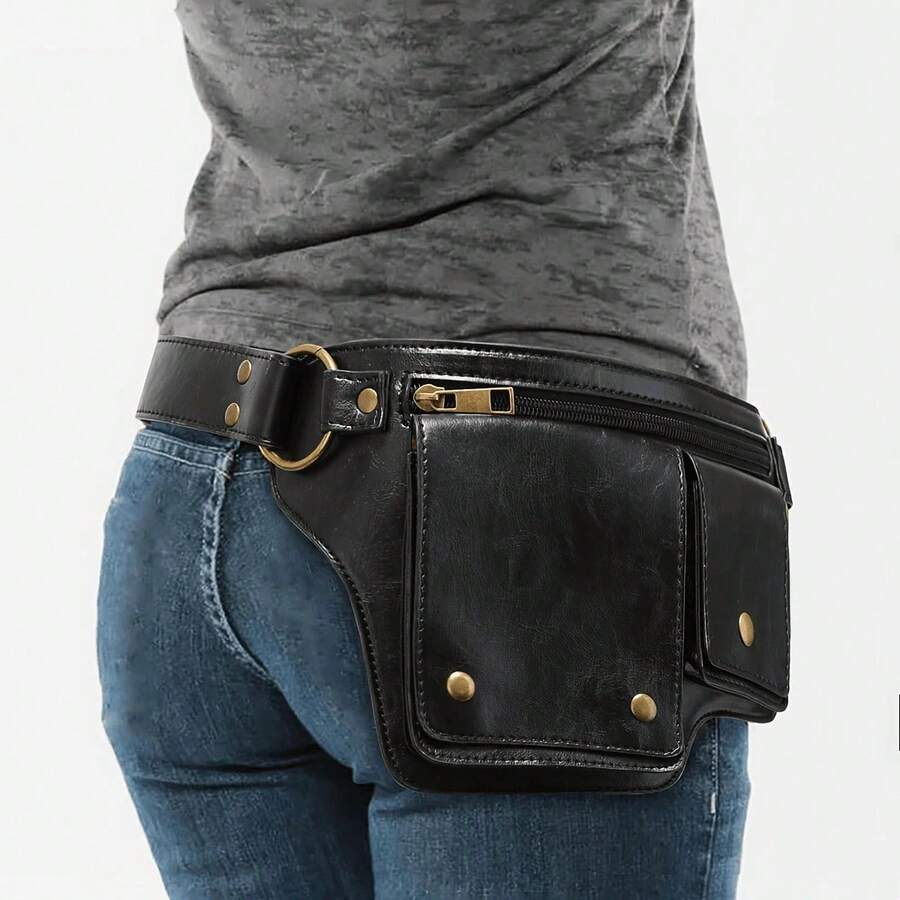 Punk Style Vintage PU Leather Waist Bag - Fanny Pack For Outdoor Sport And Travel, Retro Inspired Bag For Women - màu đen - Xem 1