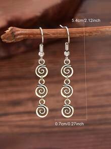 1 Pair Vintage Bohemian Style Minimalist Classic Round Spiral Heart Delicate Versatile Long Dangle Earrings For Women, Suitable For Daily Casual Wear, Vacation, Gift - Antique Silver - View 9