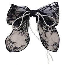 3 Pieces Lace Bow Pearl Chain Hair Clips Flower Embroidery Non Slip Hair Bow Barrettes For Women And Girls White Beige Black - 白色 - 查看 4