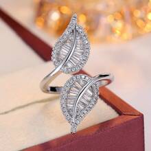 1pc Luxury Rhinestone Dual Leaf Design Open Ring, Fashionable Accessory For Women Party & Gathering - Open Ring - View 9