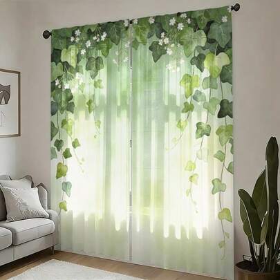 2pcs Green Vine Leaf Pattern Semi-Blackout Curtains, No Drilling Rod Design, Rod Pocket Hanging, Fresh Spring Decor For Living Room, Kitchen, Home Decoration, Polyester Fabric, Machine Washable