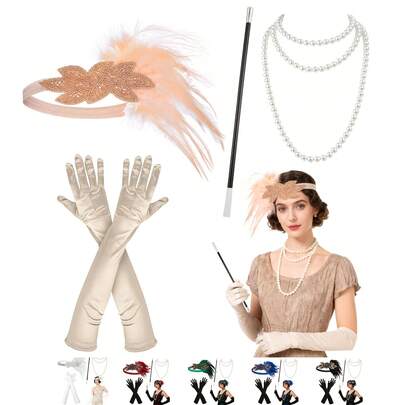 Set de 4 piezas de accesorios con tema de los años 20, adecuado para disfraces de sombreros de aviador - Incluye tocado/diadema, collar, diseñado para fiestas con tema de los años 20, los Felices Años 20 y Nochevieja - Conjunto de accesorios vintage (4 piezas)
